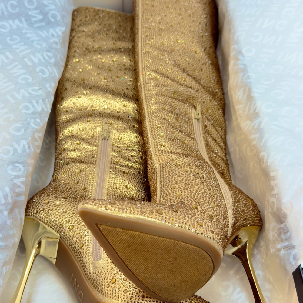 INC Saveria 5 Gold Bling Rhinestone Tall Over-The-Knee Boots 7.5 New - Picture 7 of 12